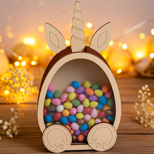 Laser cut plywood wooden unicorn coin bank or candy box, filled with colorful pastel Easter chocolate eggs, sitting on a rustic table with soft, golden fairy lights and baby's breath flowers in the warm background.