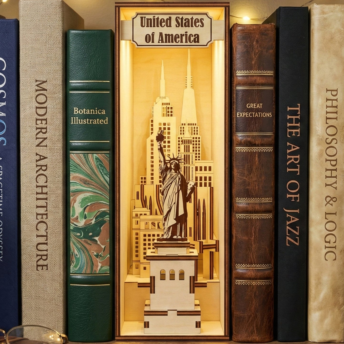 Warmly lit laser cut wooden USA Book Nook featuring the Statue of Liberty and New York City skyline, nestled between books on a glowing library shelf background.