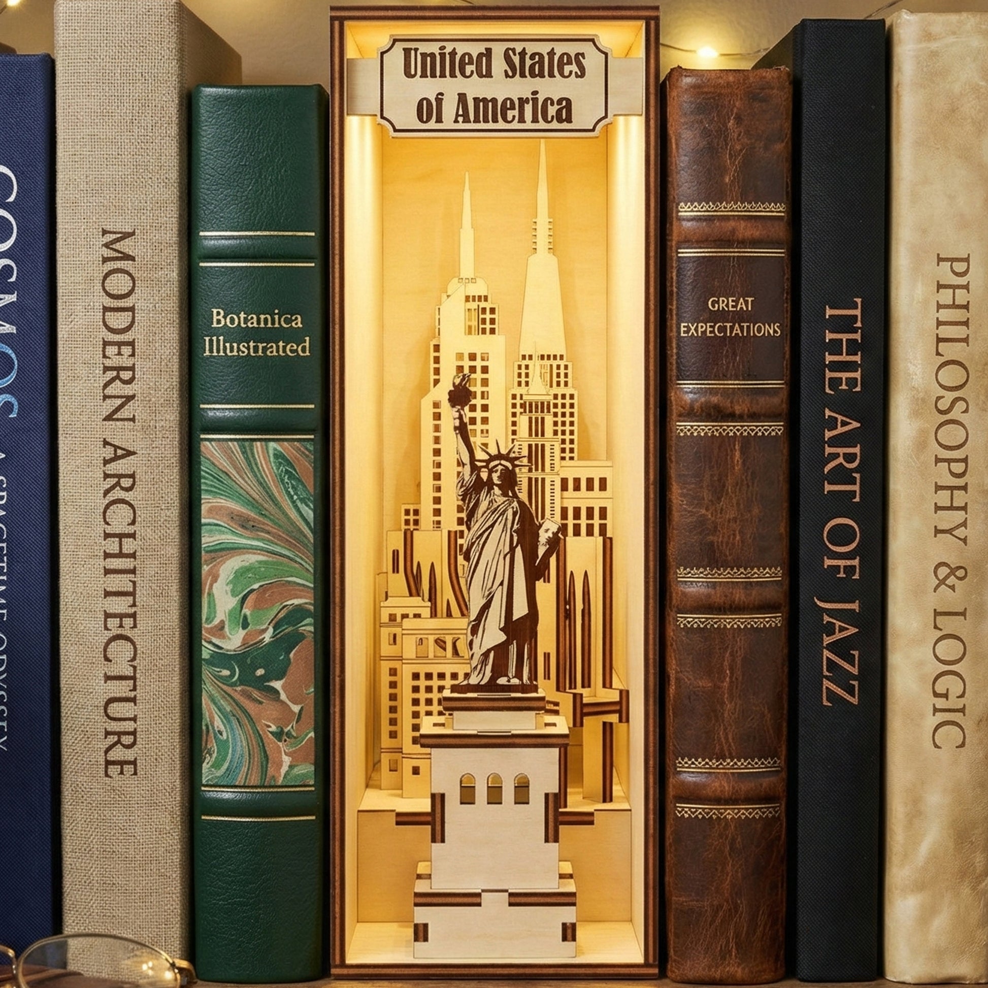 Warmly lit laser cut wooden USA Book Nook featuring the Statue of Liberty and New York City skyline, nestled between books on a glowing library shelf background.