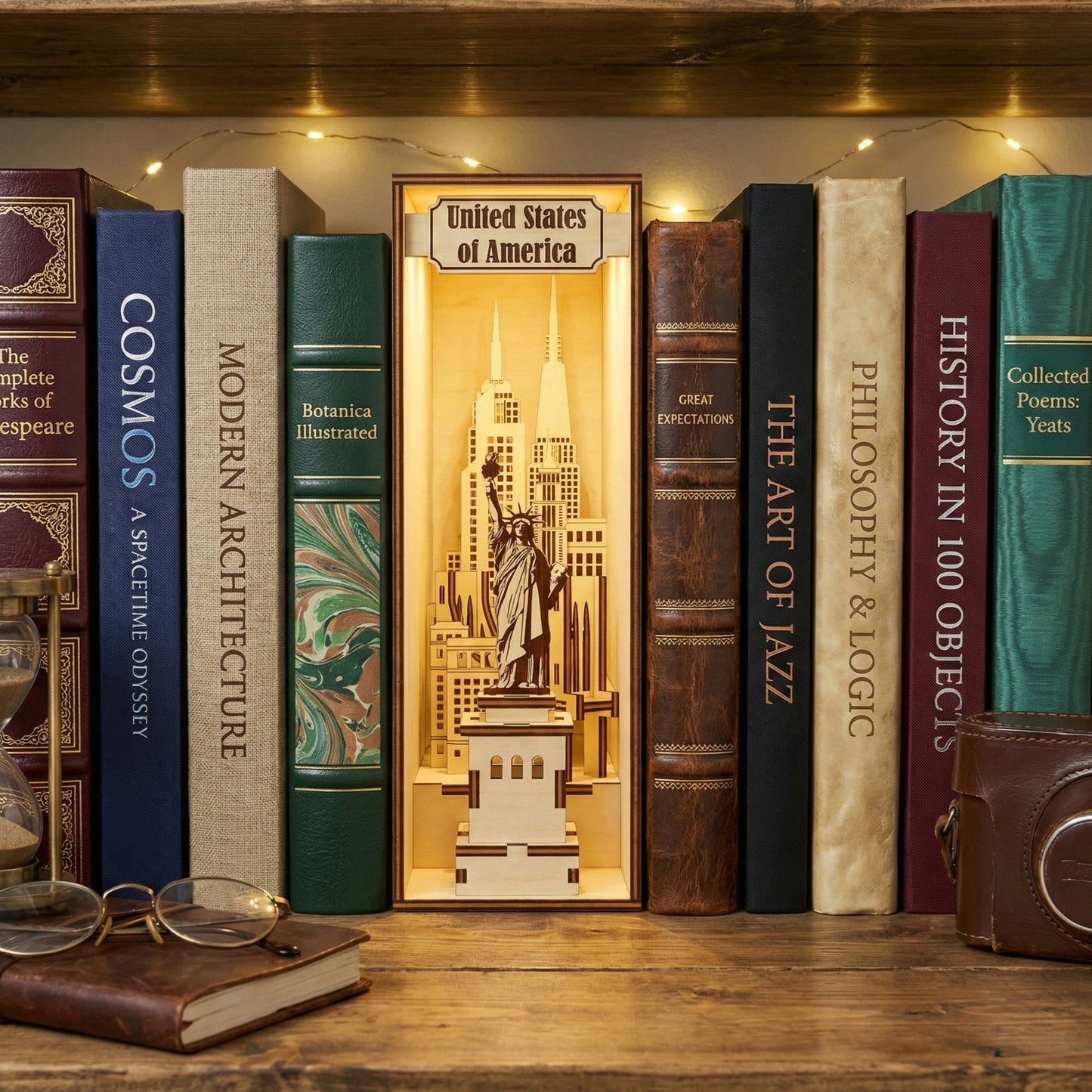 Intricate USA Book Nook made of laser cut wood with a patriotic architectural theme, displayed on a wooden shelf with vintage study accessories background.