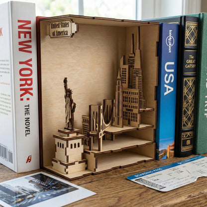 A laser cut wooden USA Book Nook featuring a multi-layered New York City skyline, placed next to a travel book and a boarding pass background.