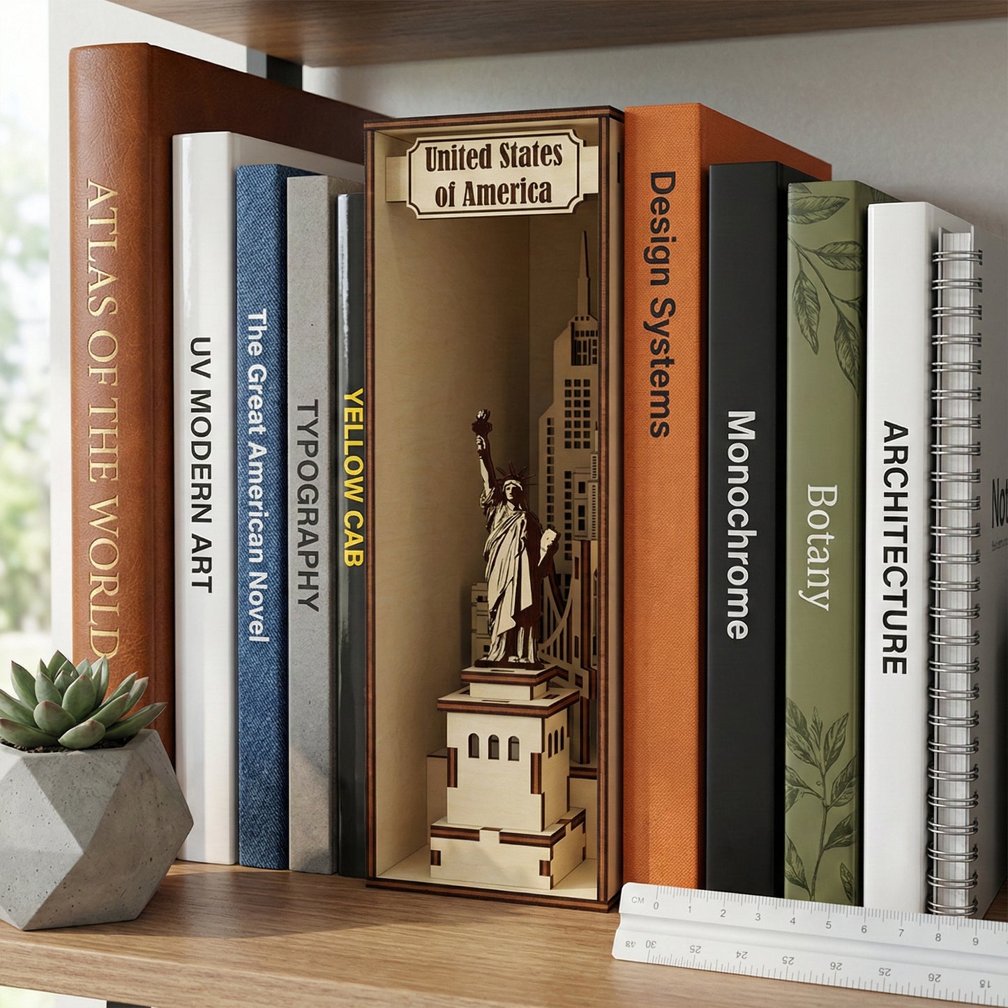 Elegant laser cut wooden USA Book Nook standing between modern design and geography books on a bright shelf background.