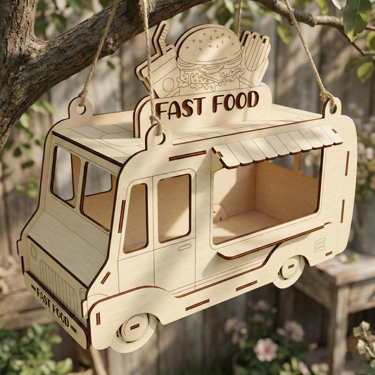 Wooden laser cut fast food truck model hanging from a tree