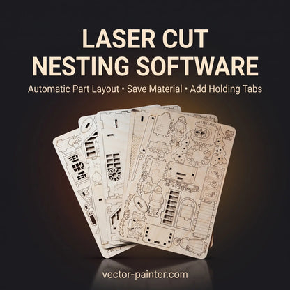Laser Cut Nesting Software showing compactly arranged parts on birch plywood sheets to reduce material waste