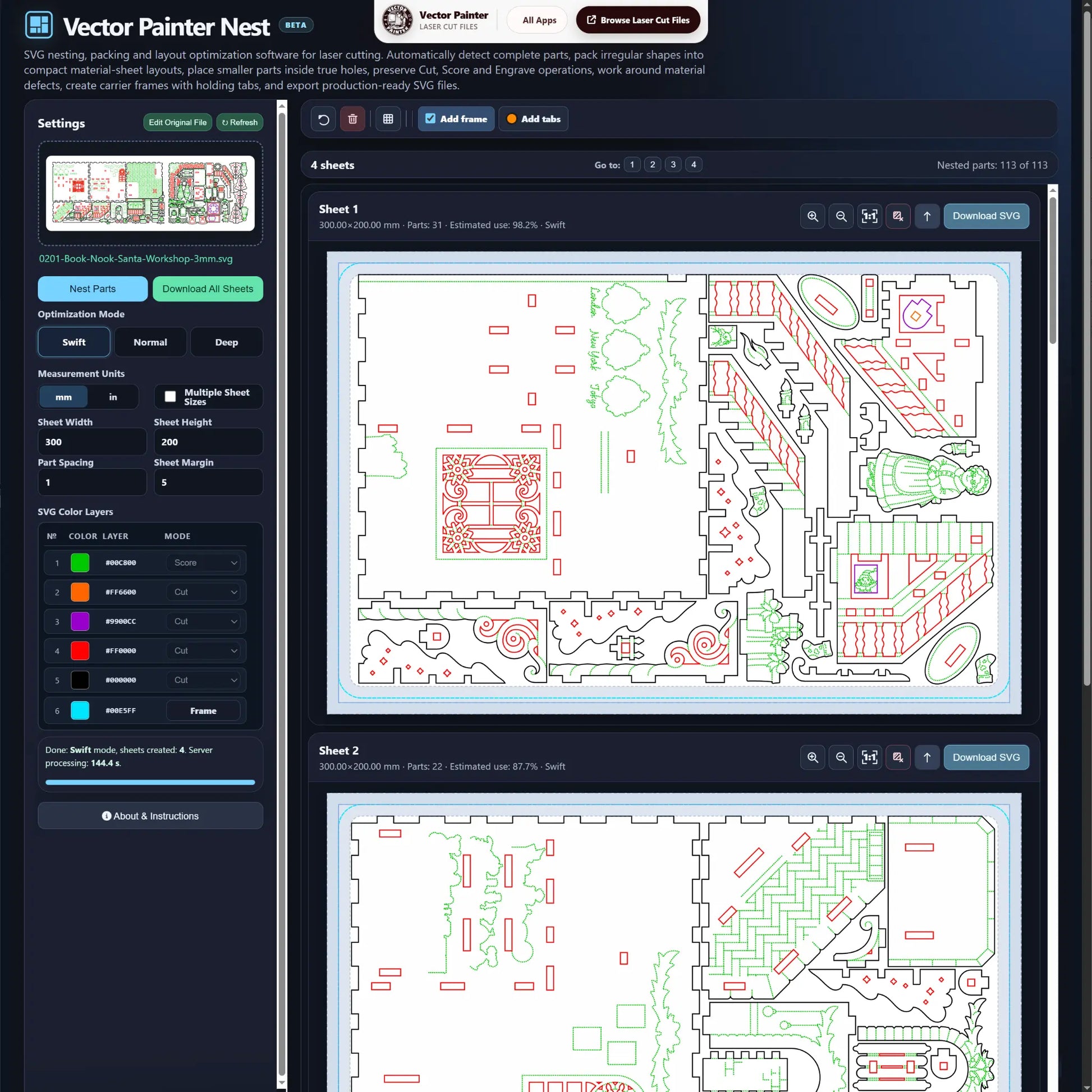 Vector Painter Nest SVG laser cut nesting software with automatically arranged parts on multiple material sheets