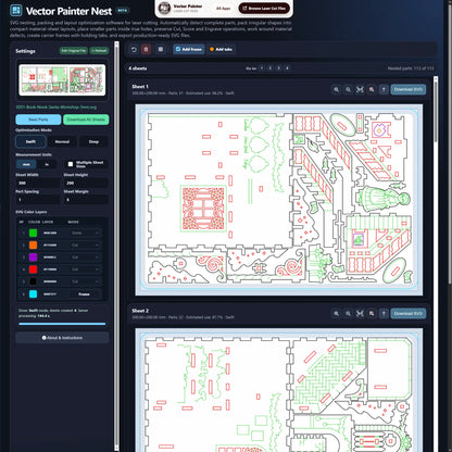 Vector Painter Nest SVG laser cut nesting software with automatically arranged parts on multiple material sheets