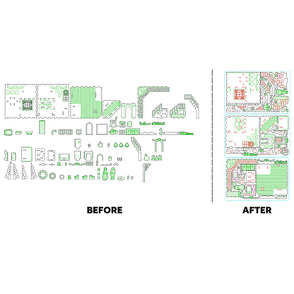 Before and after automatic SVG nesting showing compact part placement for efficient laser cutting