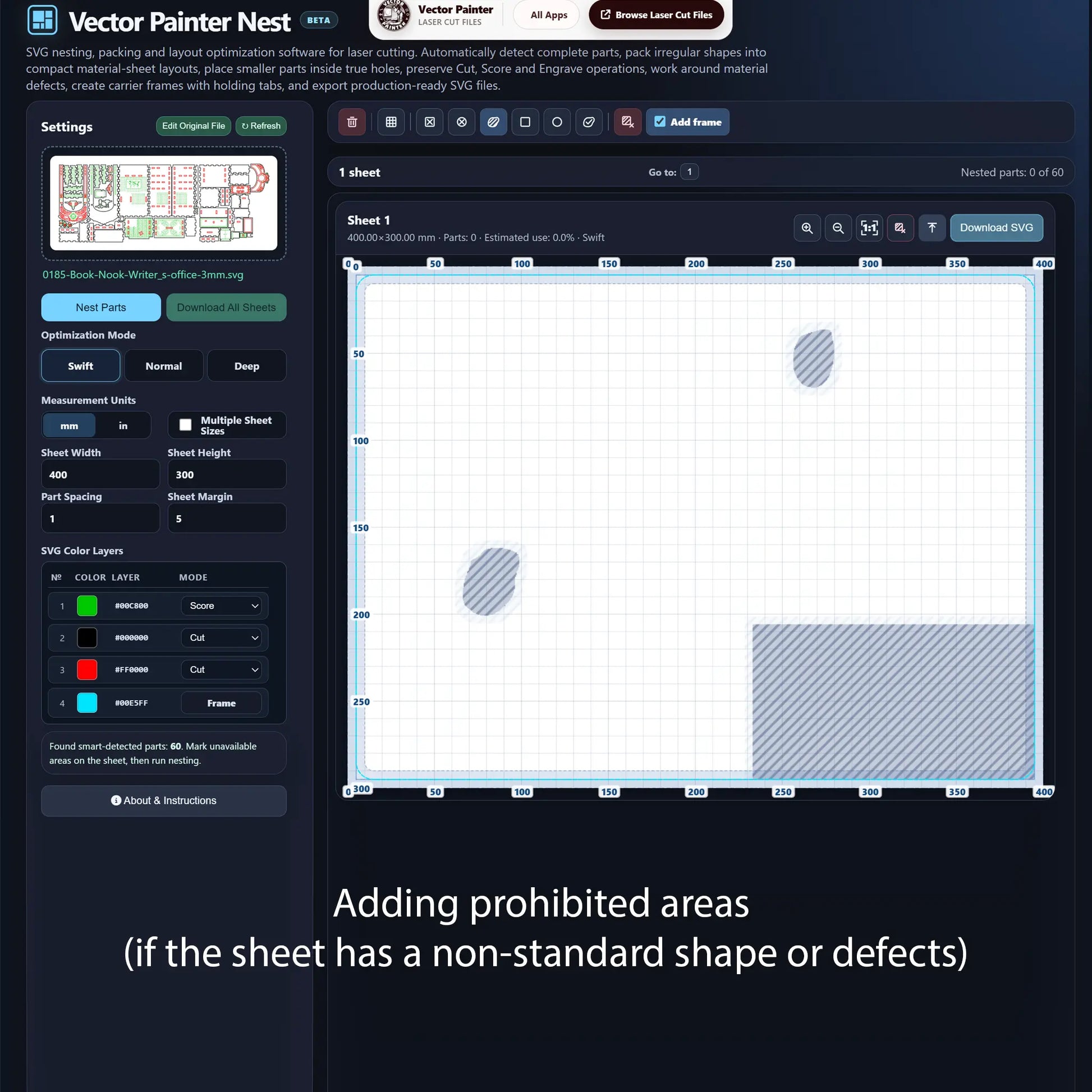 Adding restricted areas to an SVG sheet before automatic laser cut nesting