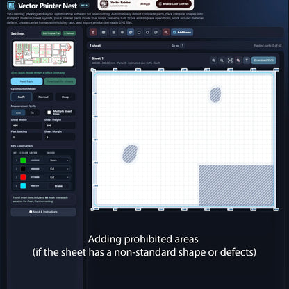 Adding restricted areas to an SVG sheet before automatic laser cut nesting