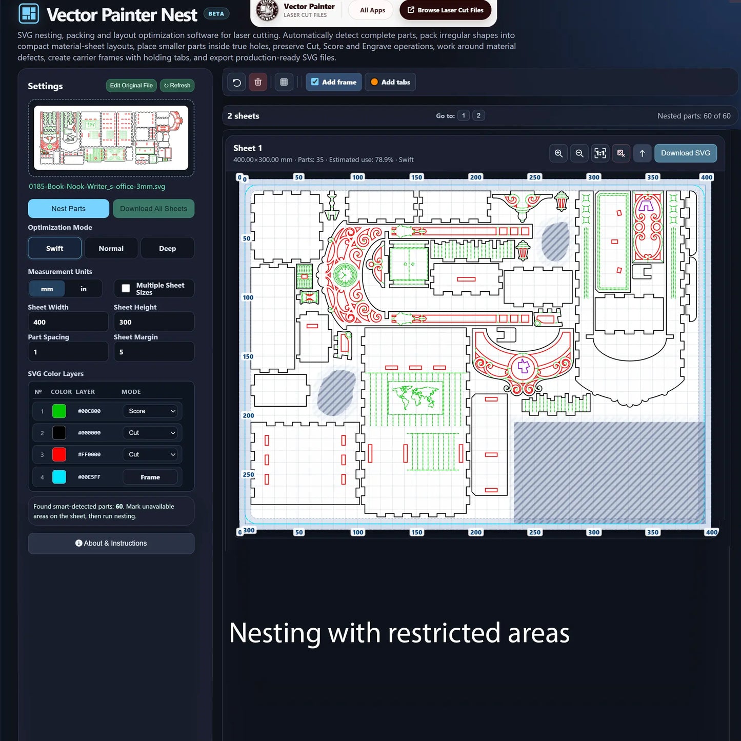 Automatic SVG nesting layout with laser cut parts arranged around restricted areas