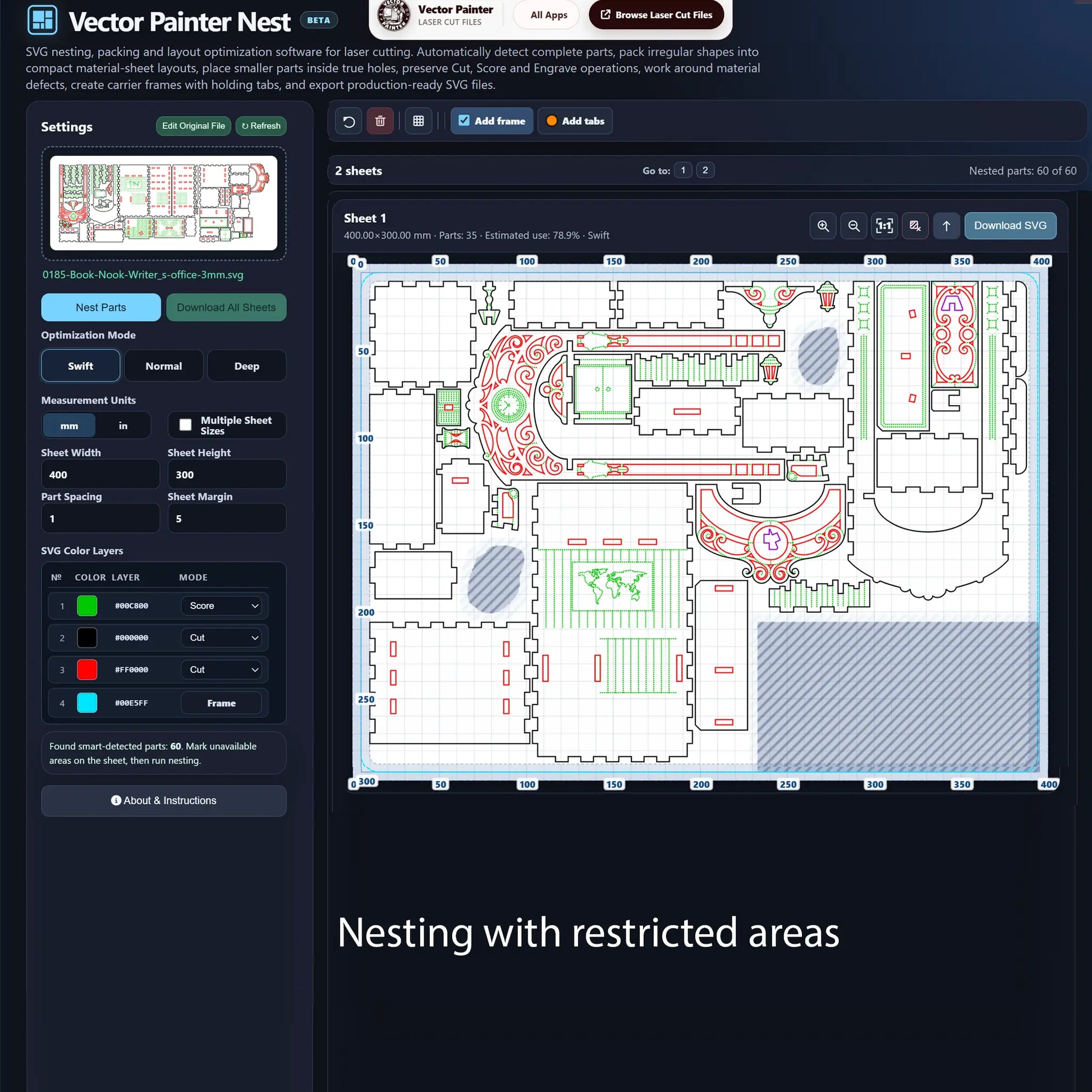 Automatic SVG nesting layout with laser cut parts arranged around restricted areas