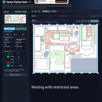 Automatic SVG nesting layout with laser cut parts arranged around restricted areas