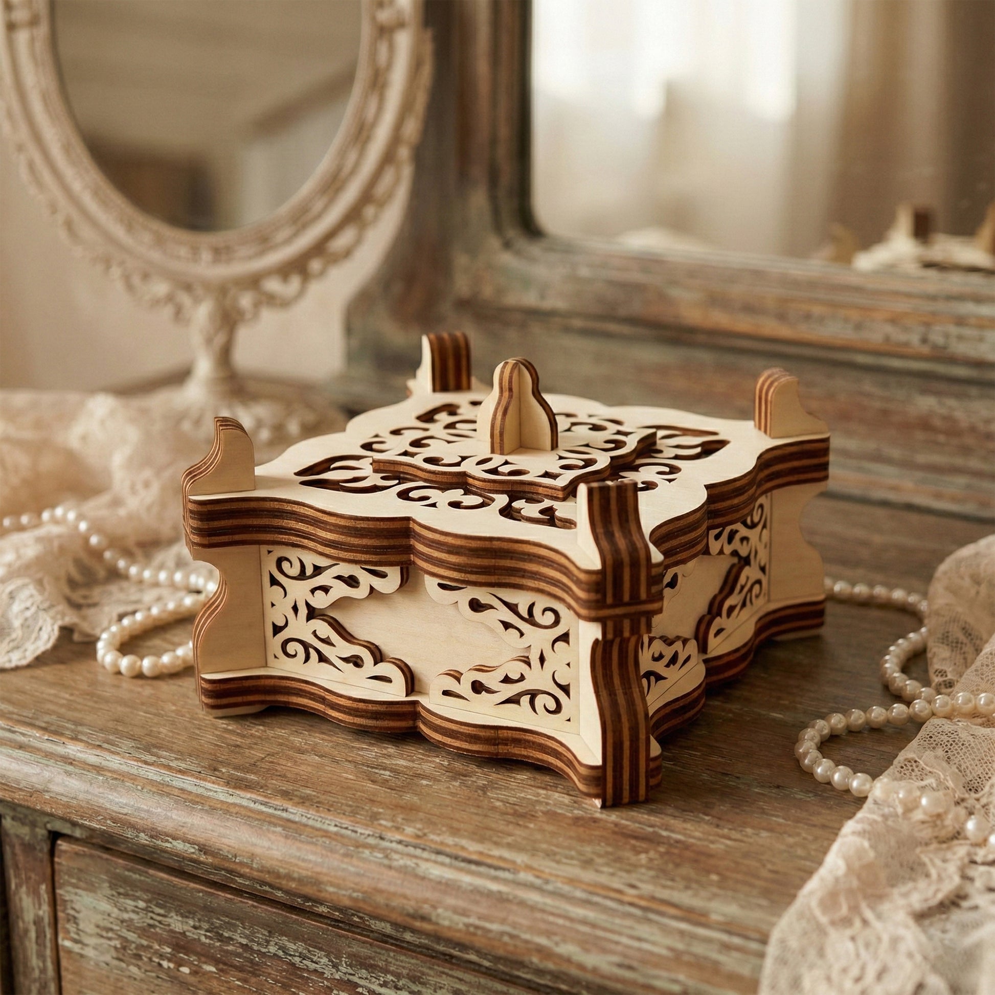 Ornate vintage-style jewelry box crafted from laser cut plywood. Features intricate filigree cutouts on the lid and sides with a decorative handle. Resting on a rustic dresser next to a pearl necklace and lace.