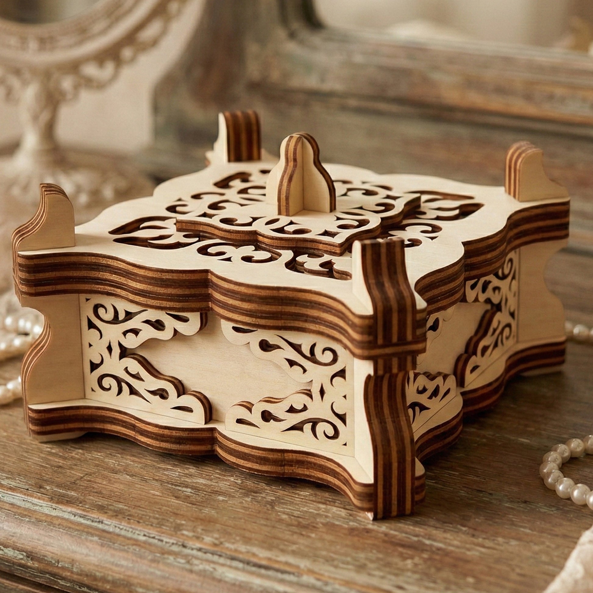 Ornate vintage-style jewelry box crafted from laser cut plywood. Features intricate filigree cutouts on the lid and sides with a decorative handle. Resting on a rustic dresser next to a pearl necklace and lace.