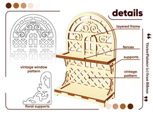 Close-up images of details on the laser cut tiered tray stand with floral supports