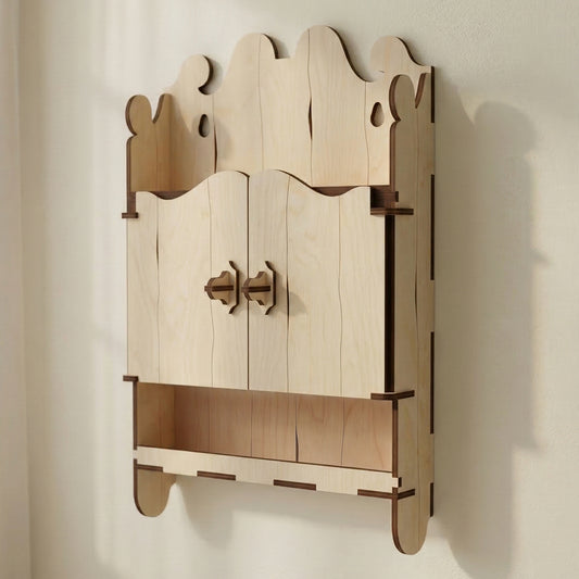 Miniature ornate cabinet made of laser cut plywood with two closed doors and an open bottom shelf. Features a decorative scalloped top. Natural light wood texture with dark edges, displayed on a white table next to a coffee mug.