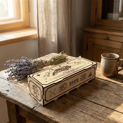 Rectangular laser cut plywood box with a vintage aesthetic. The lid is engraved with a large feather and filigree. Side panels show "1886" and floral motifs. Placed on a rustic table with dried lavender and a ceramic mug for scale.