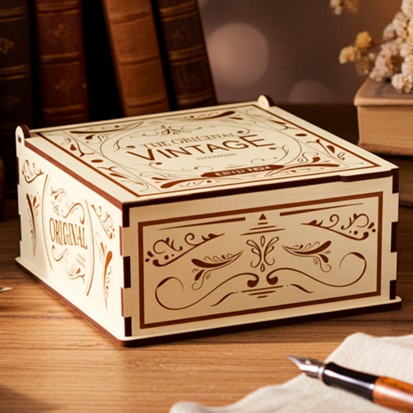 Laser cut plywood wooden keepsake box with a vintage engraved design on the lid and sides, displayed on a dark wooden desk next to stacked antique books, fountain pens, and a white teacup in warm lighting.