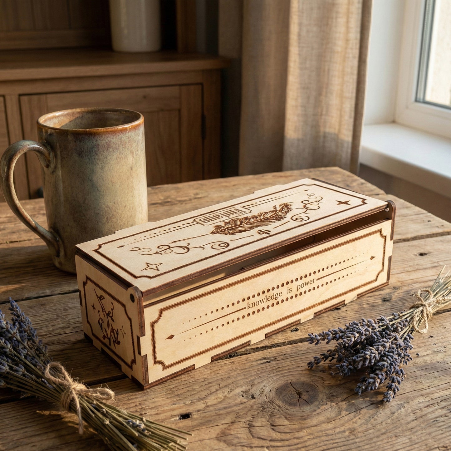 Angled view of a laser cut plywood vintage box. The side features the engraved quote "knowledge is power" between decorative dotted lines. Shows dark burnt finger joints and natural wood grain on a wooden workshop surface.
