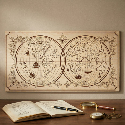 A vintage-style double hemisphere world map laser engraved on a large plywood panel. Features intricate scrollwork borders, nautical icons like tall ships, an octopus, a whale, and a compass rose. Displayed on a wall above a desk with a journal, fountain pen, and magnifying glass.