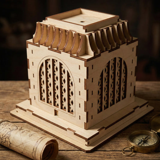 Perspective view of a Voortrekker Monument model made of laser cut plywood. The 3D wooden puzzle features intricate arched windows and a tiered roof, resting on a rustic wooden table next to a rolled vintage map and a brass compass.