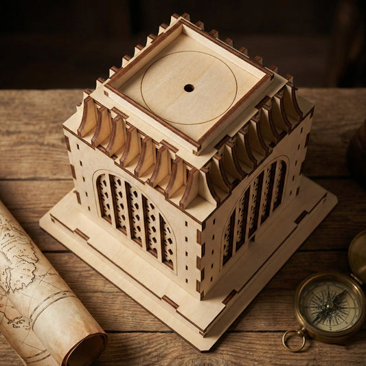 High-angle shot of the laser cut plywood monument, showing the top square platform and circular cutout. The dark burnt edges of the wood highlight the architectural layers and vertical fins. A map and compass are visible in the foreground.