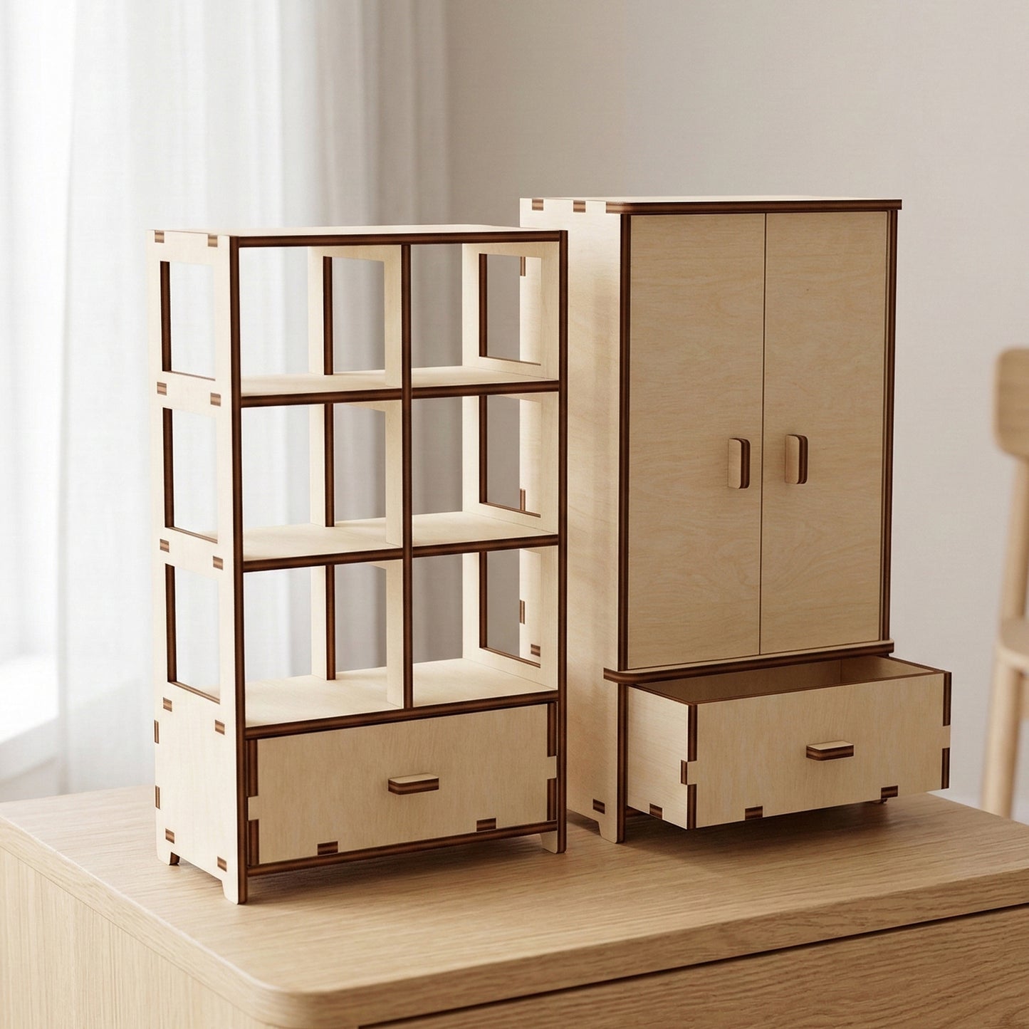 Side-by-side view of an open shelving unit and a wardrobe with its drawer pulled out. Made of laser cut plywood, highlighting the sturdy tab-and-slot design and internal storage space for dollhouse organization.