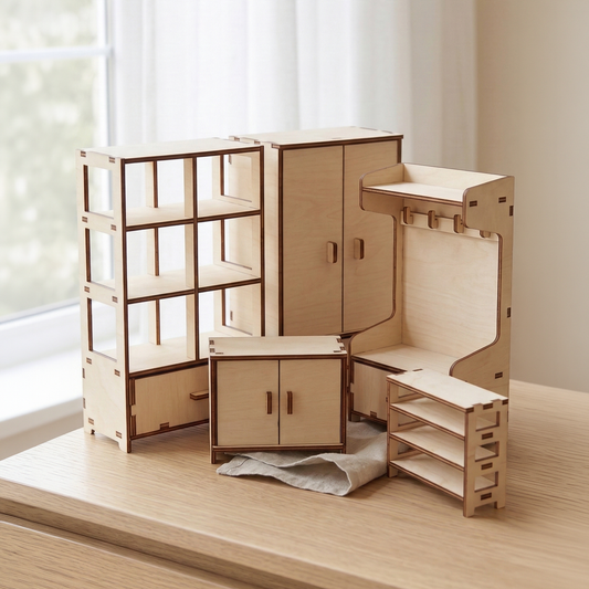 Modular wooden laser cut furniture set on a wooden surface with a window in the background