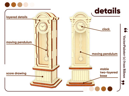 This image zooms in on the details of the Pendulum Clock miniature. You can see the intricacy of the laser cut design, with the moving pendulum and detailed cabinet.