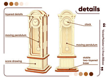 Load image into Gallery viewer, This image zooms in on the details of the Pendulum Clock miniature. You can see the intricacy of the laser cut design, with the moving pendulum and detailed cabinet.
