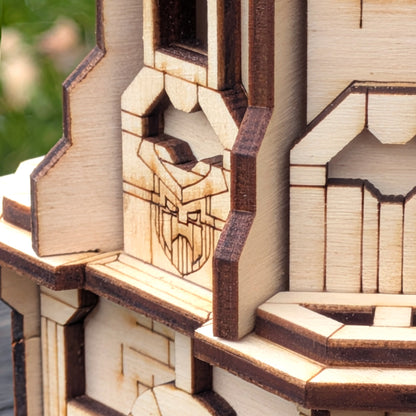 Close-up of a wooden architectural laser cut model with intricate details