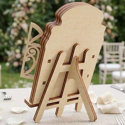 Back view of a laser cut plywood wedding frame showing the easel stand mechanism and visible wood grain layers on edges