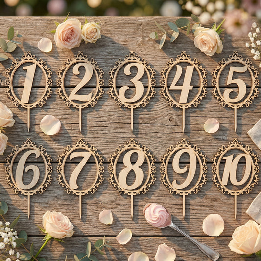 A set of ten laser-cut plywood number toppers (numbered 1 through 10) featuring an ornate, vintage filigree design. Each wooden number is encased in an intricate circular frame with a pointed stake, perfect for wedding table numbers or cake decor. Displayed in a flat lay on a weathered wood surface with soft pink roses, petals, and eucalyptus.