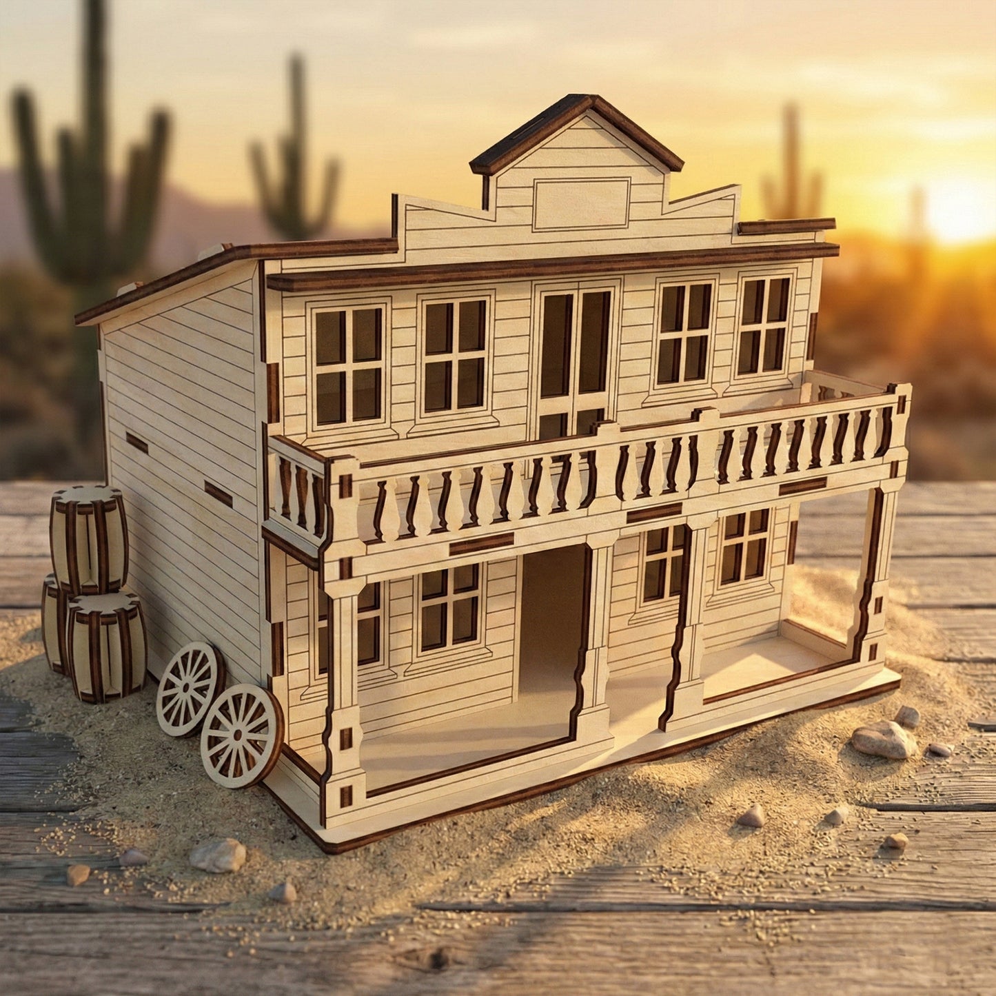 Three-quarter view of a two-story Wild West saloon made from laser cut plywood. Features a detailed front porch, balcony with railings, and scorched wood edges. Accompanied by miniature wooden barrels and wagon wheels on a sandy surface.