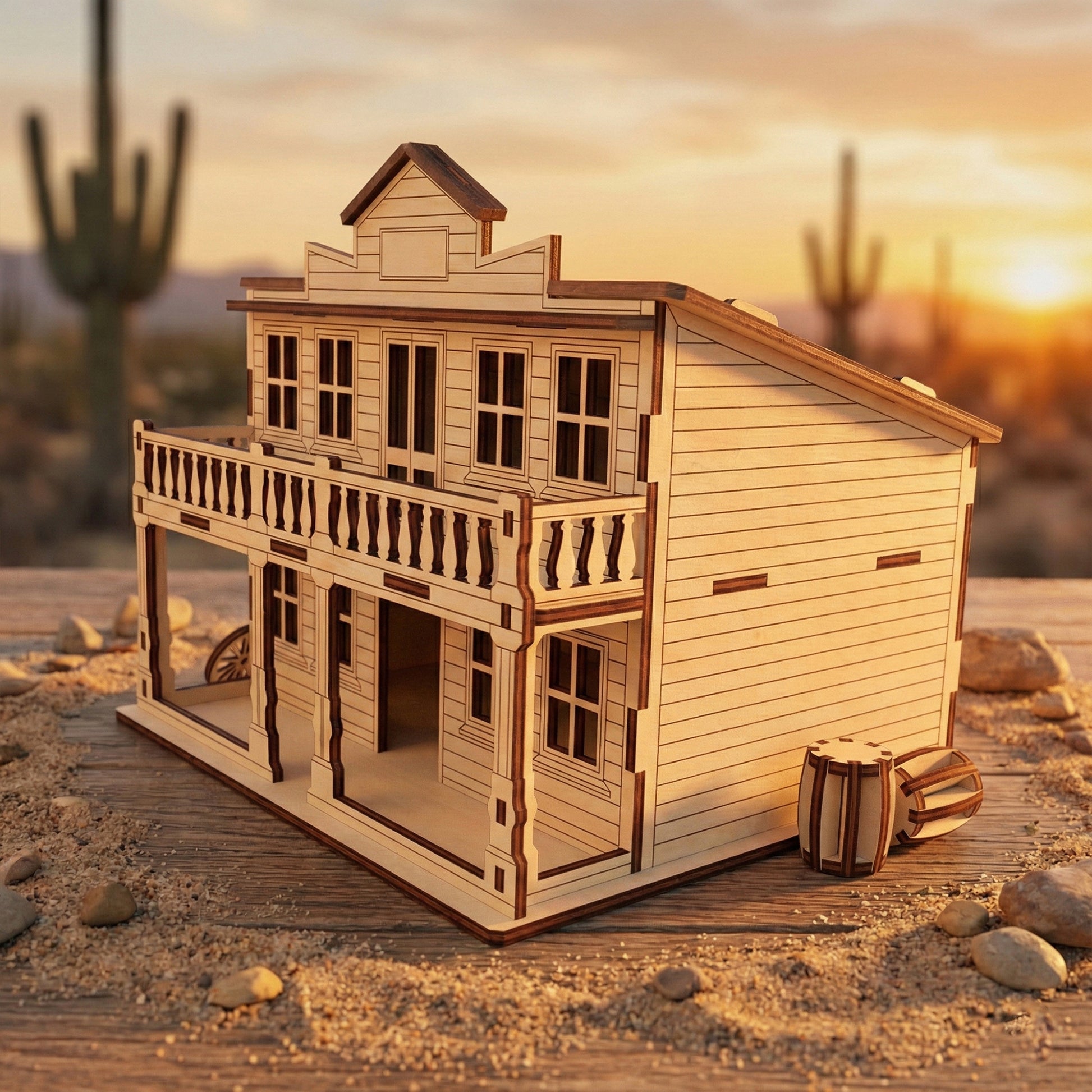 Side view of a miniature western building crafted from laser cut plywood. The image highlights the interlocking tab-and-slot construction on the side walls. Small wooden barrels rest in the sand next to the building under a sunset sky.