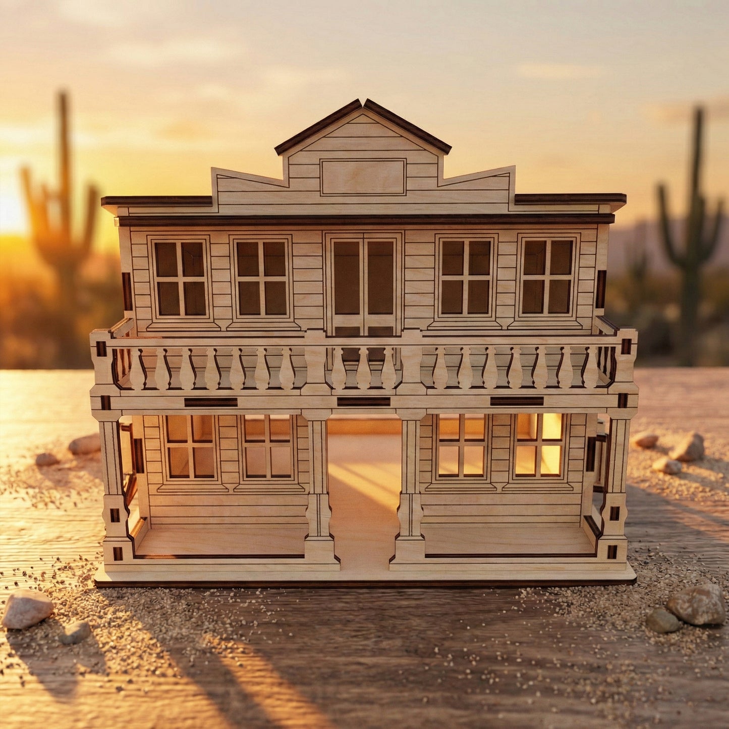Straight-on front view of a laser cut plywood western saloon model. Shows the symmetrical design of the balcony, windows, and double doors. The natural wood grain is visible, set against a blurred desert background with saguaro cacti.
