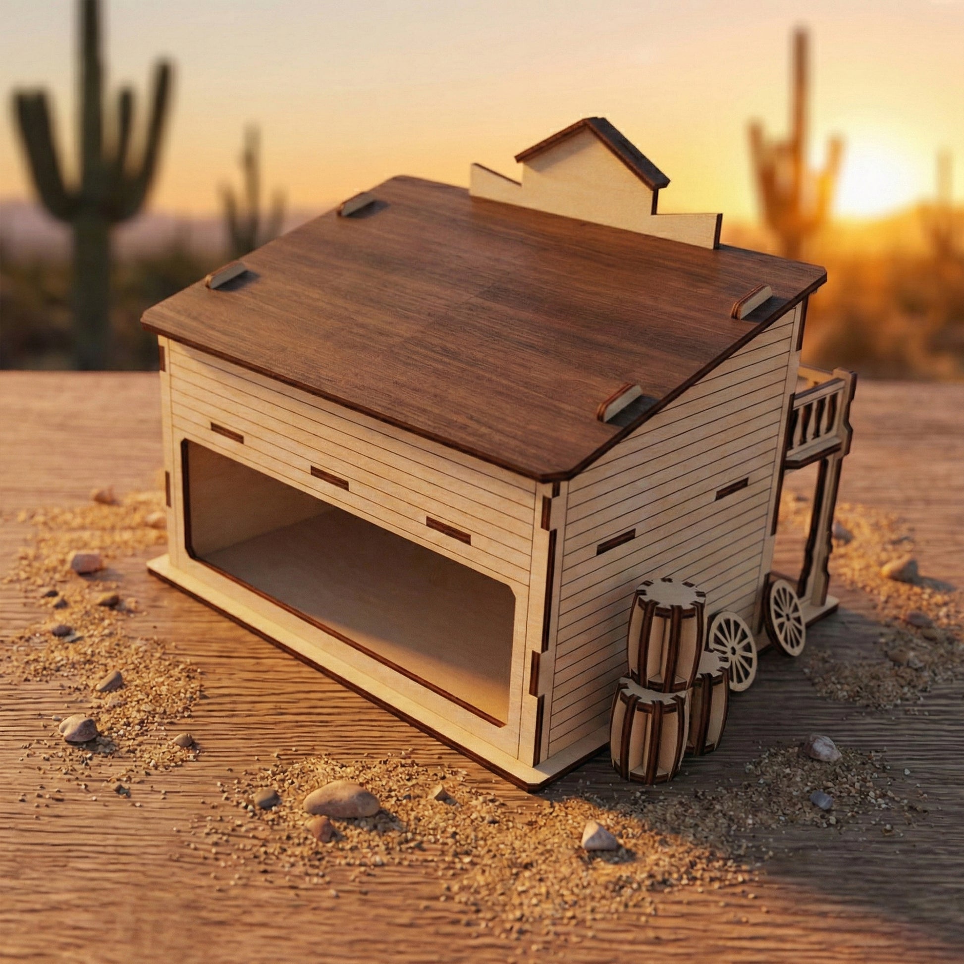 Rear view of the western house model made of laser cut plywood, showing a large open back for interior access. The dark brown roof and side tab construction are clearly visible. Miniature barrels and wheels are placed on the side.