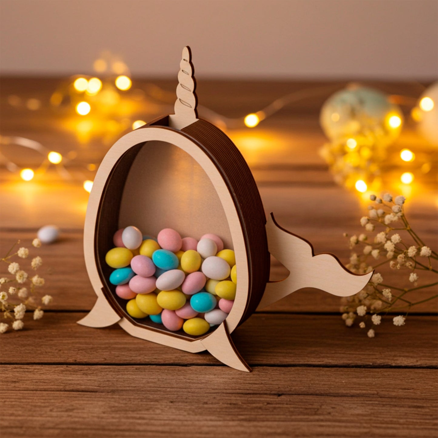 Laser cut plywood wooden whale coin bank or candy box, filled with colorful pastel Easter chocolate eggs, sitting on a rustic table with soft, golden fairy lights and baby's breath flowers in the warm background.