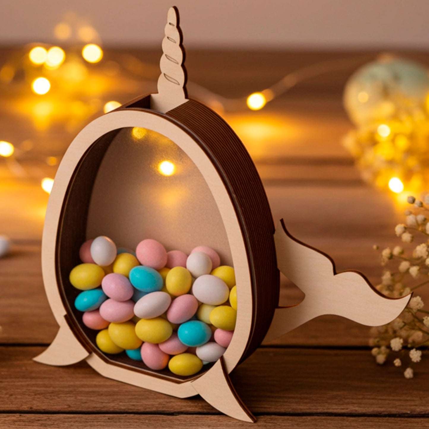 Laser cut plywood wooden whale coin bank or candy box, filled with colorful pastel Easter chocolate eggs, sitting on a rustic table with soft, golden fairy lights and baby's breath flowers in the warm background.