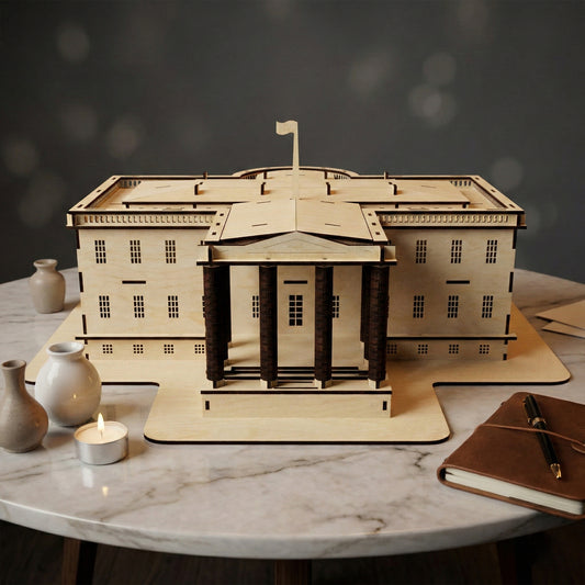 Frontal view of a White House model made from laser cut plywood. Features a prominent gabled portico with dark wooden columns. Rests on a marble table next to a burning candle, small ceramic vases, and a leather notebook.