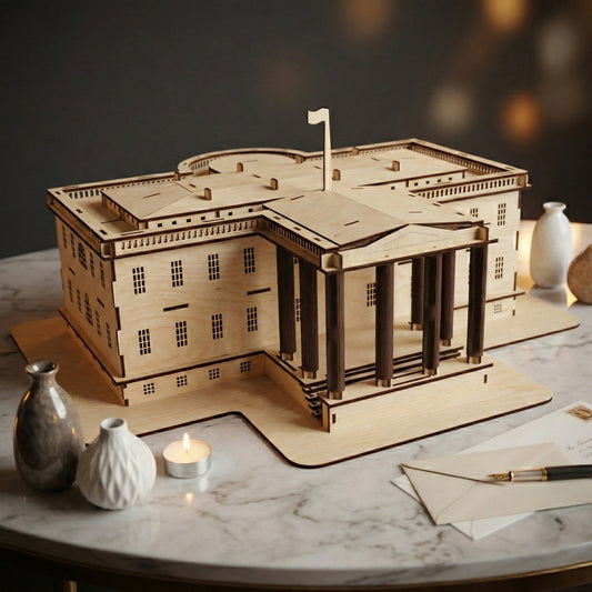 Detailed side-angle shot of a laser cut plywood White House replica. Focuses on the precision-cut window rows and architectural tiers. A white envelope with a fountain pen sits nearby on the marble tabletop under soft light.