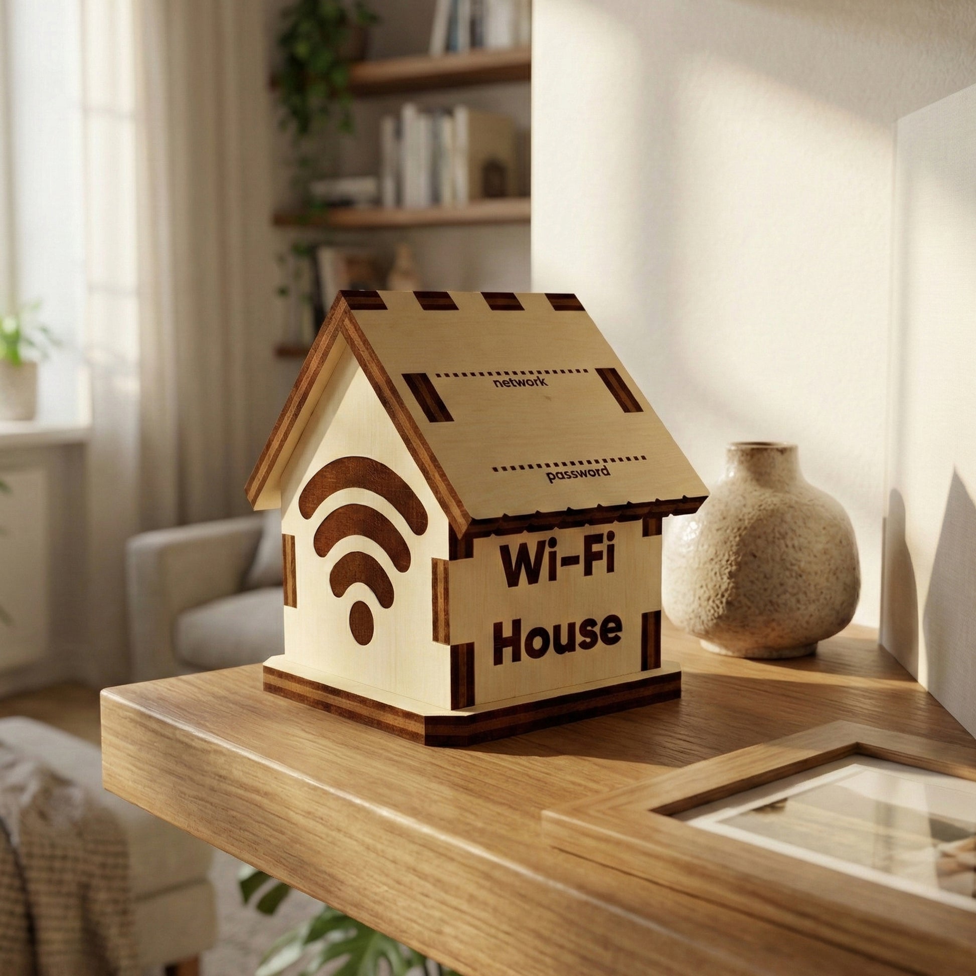 Charming laser cut wooden Wi-Fi House featuring a prominent Wi-Fi icon and spaces for network name and password engraving, shown on a wooden surface in a softly lit home background.
