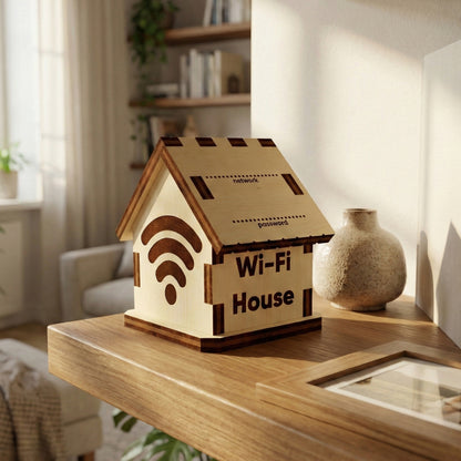 Charming laser cut wooden Wi-Fi House featuring a prominent Wi-Fi icon and spaces for network name and password engraving, shown on a wooden surface in a softly lit home background.