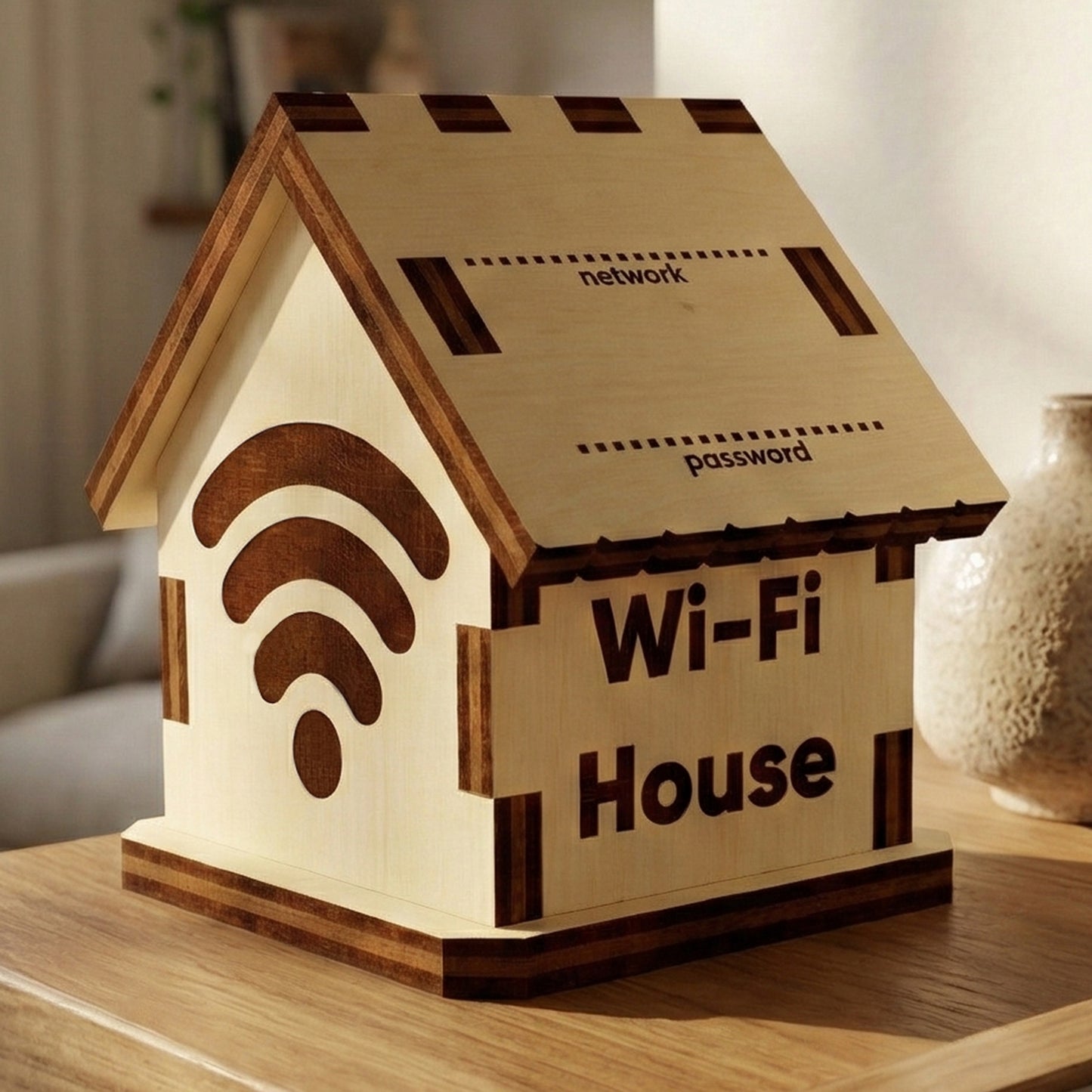 Wooden laser cut Wi-Fi House model with engraved "Wi-Fi House" label, Wi-Fi symbol, and customizable network and password fields on the roof, displayed against a cozy indoor living room background.