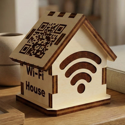 Wooden laser cut Wi-Fi House with engraved "Wi-Fi House" text, large Wi-Fi symbol on the side, and a functional QR code on the roof for network connection, displayed against a cozy indoor living room background.