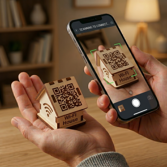 Person scanning a QR code on a wooden house with a smartphone