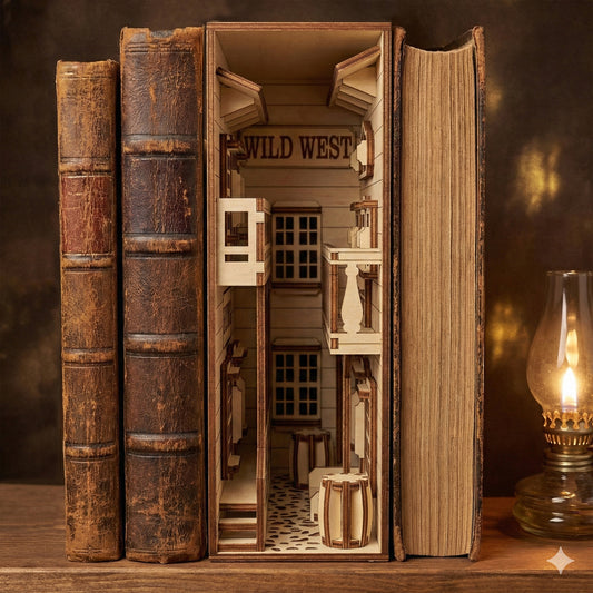 Laser cut plywood Wild West book nook tucked between vintage leather-bound books. Intricate multi-level wooden street scene with balconies and barrels, illuminated by a warm glowing oil lamp on a wooden table.