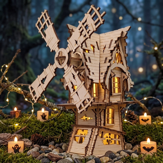 Lit laser-cut birch plywood Halloween windmill model on moss surrounded by glowing candles and pinecones in a dark forest.