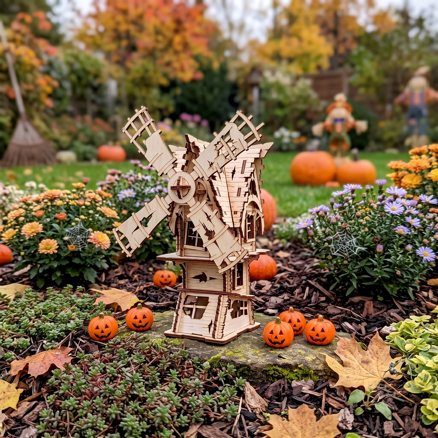 Laser-cut birch plywood Halloween windmill model on mossy ground with pumpkins and autumn flowers, showing dark burnt edges.