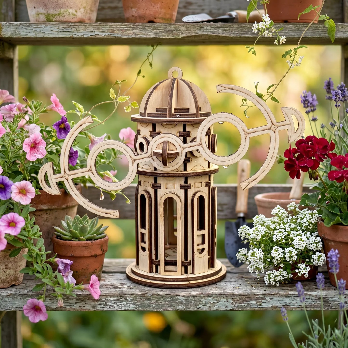 Wooden laser cut windmill with geometric design surrounded by potted plants outdoors